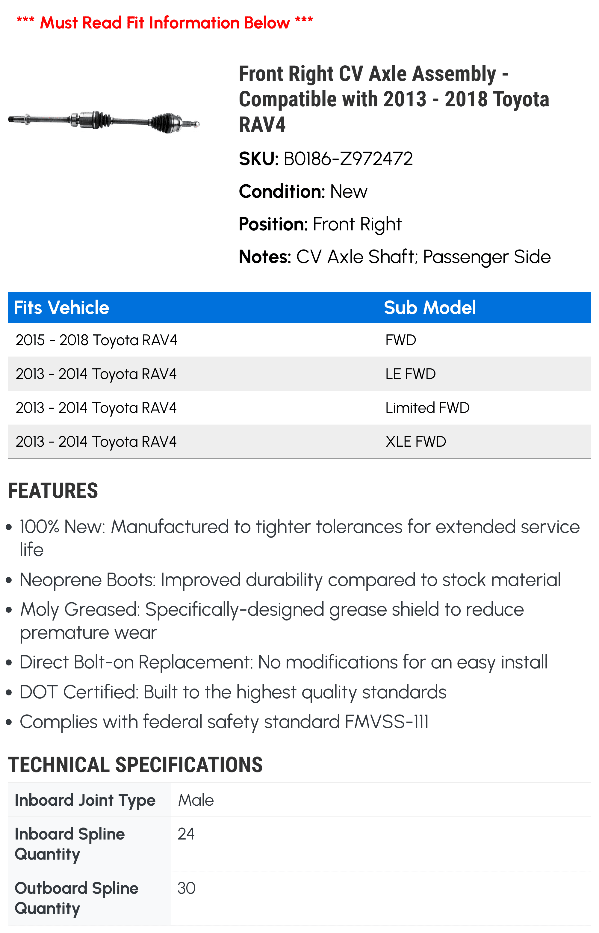 Right RAV4 Compatible Assembly 2015 2017 Toyota with Front 2018 - CV 2016 - 2013 Axle 2014