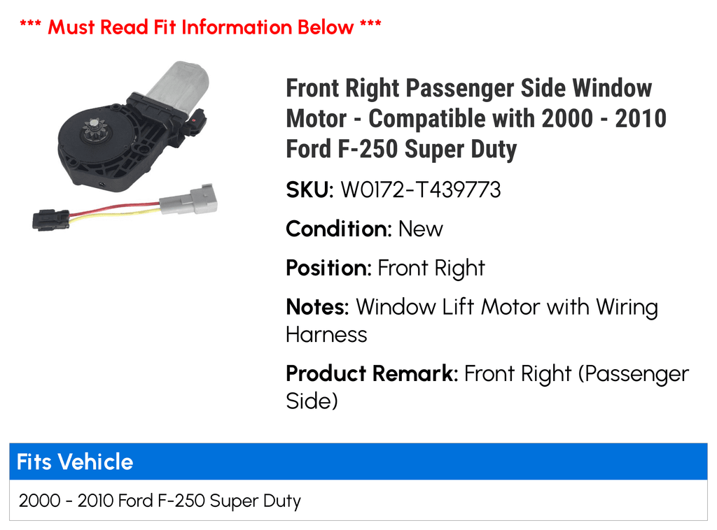 Motor 2004 Duty 2001 Front Super Compatible 2010 2008 Side 2003 2007 2009 - with 2006 Window Passenger 2000 Ford 2005 Right F-250 2002 -