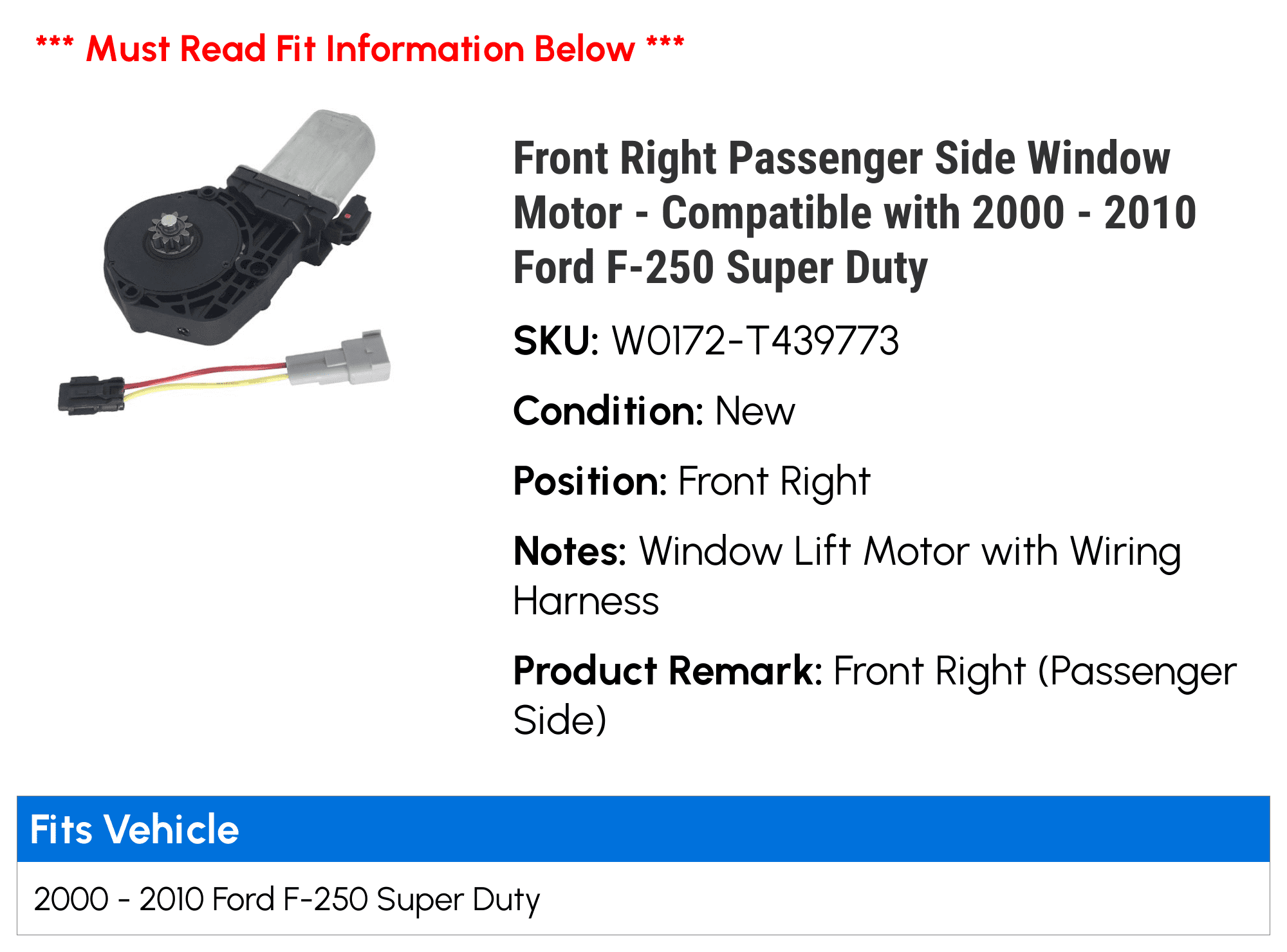 Motor 2004 Duty 2001 Front Super Compatible 2010 2008 Side 2003 2007 2009 - with 2006 Window Passenger 2000 Ford 2005 Right F-250 2002 -