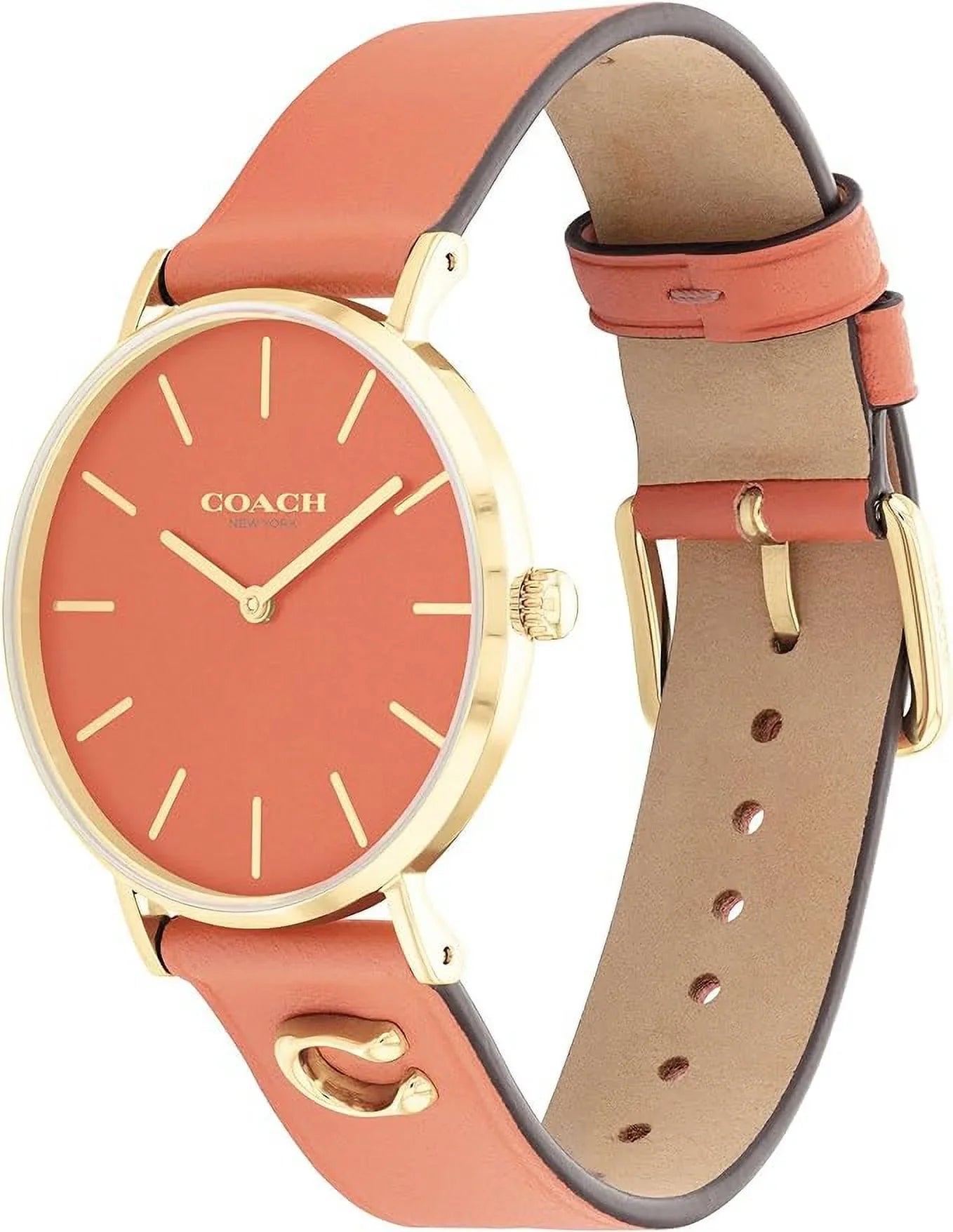 Perry Coach Watch Pink Leather Women's 14503922 Pink/Gold Band Coral Coral Dial Tone