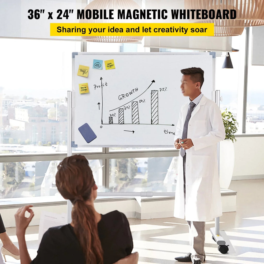 Home Rolling Double Mobile Board Frame Aluminum Sided Dry w/ Adjustable 360 Erase School BENTISM Stand 24" Reversible 36" Office Wheels Lockable Swivel x Whiteboard with Height for Magnetic and