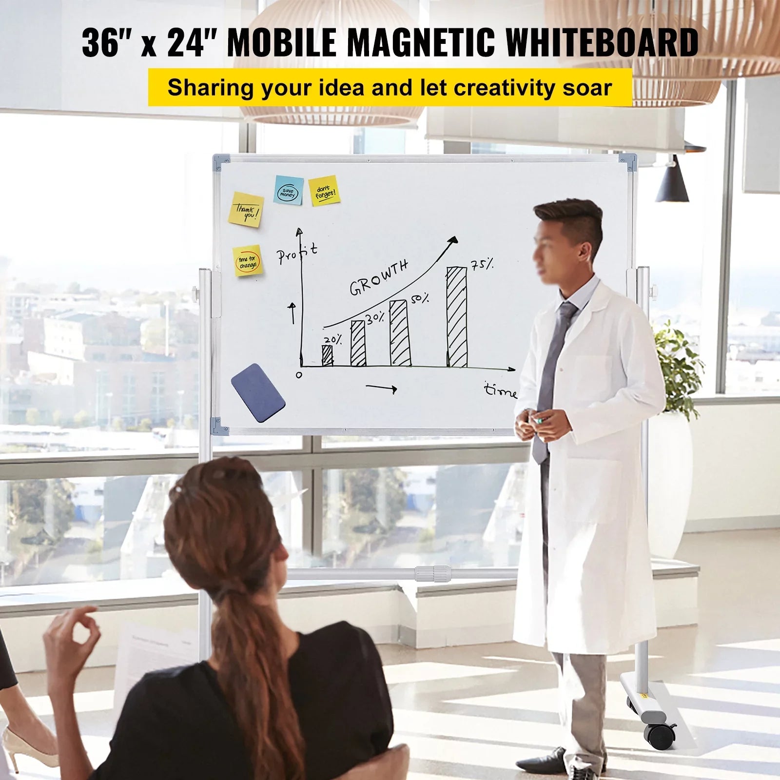 Home Rolling Double Mobile Board Frame Aluminum Sided Dry w/ Adjustable 360 Erase School BENTISM Stand 24" Reversible 36" Office Wheels Lockable Swivel x Whiteboard with Height for Magnetic and