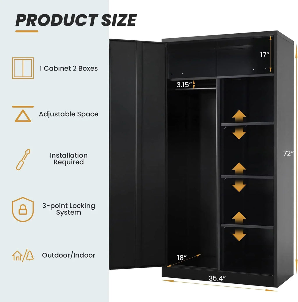 HOOMHIBIU Employee with Locker with Steel Coat Freestanding Metal Cabinets for Office Wardrobe Locking Door Garage and (Black) Cabinet Clothing Home Lock 72'' Shelves