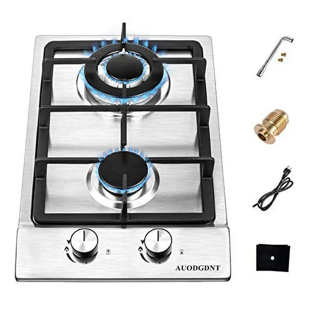 Inches RVs, Burners,12 Built-in Clean Gas Portable to Stainless Apartments, Gas Cooktop LPG/NG 2 Gas Fuel Hob Dual Outdoor Steel for Stove Easy