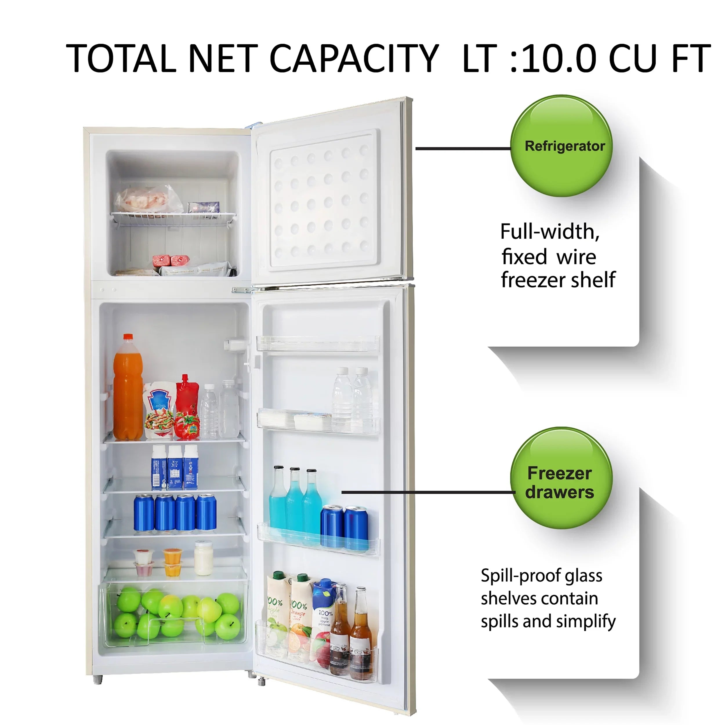 Thermostat Free, Cu 10 Adjustable Cream, Beach 5 Control 2 Door HCFC Shelves, Hamilton Door Ft HBF1050, Retro Refrigerator,