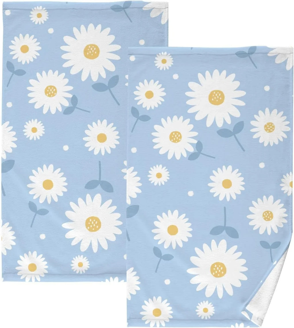 Wellsay 2 Hand Flower Towel Bath Set Pack Cotton Washcloths, Towel- Blue Highly Absorbent Face Quick-Dry Daisy of