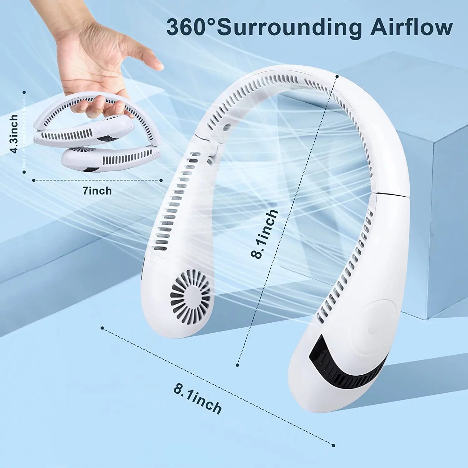Fan Wearable Degrees Hands Fan Cooler Morttic Foldable Fan Sport 5000 Travel Fan, Perfect Personal (White) Outdoor Portable 360 Free Bladeless for 3 Rechargeable Airflow Speeds, USB Fan mAh Neck