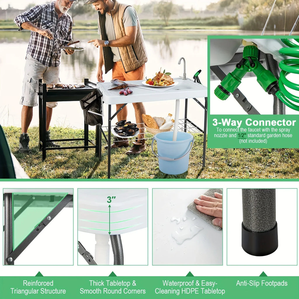 Table, W/ Folding Camping Cleaning Table Portable Rack Hose Fish Grid Faucet