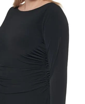 Plus Round Midi Dress Zippered To Ruched CALVIN Wear Stretch Long Womens Work Sleeve Sheath Neck 16W Black KLEIN