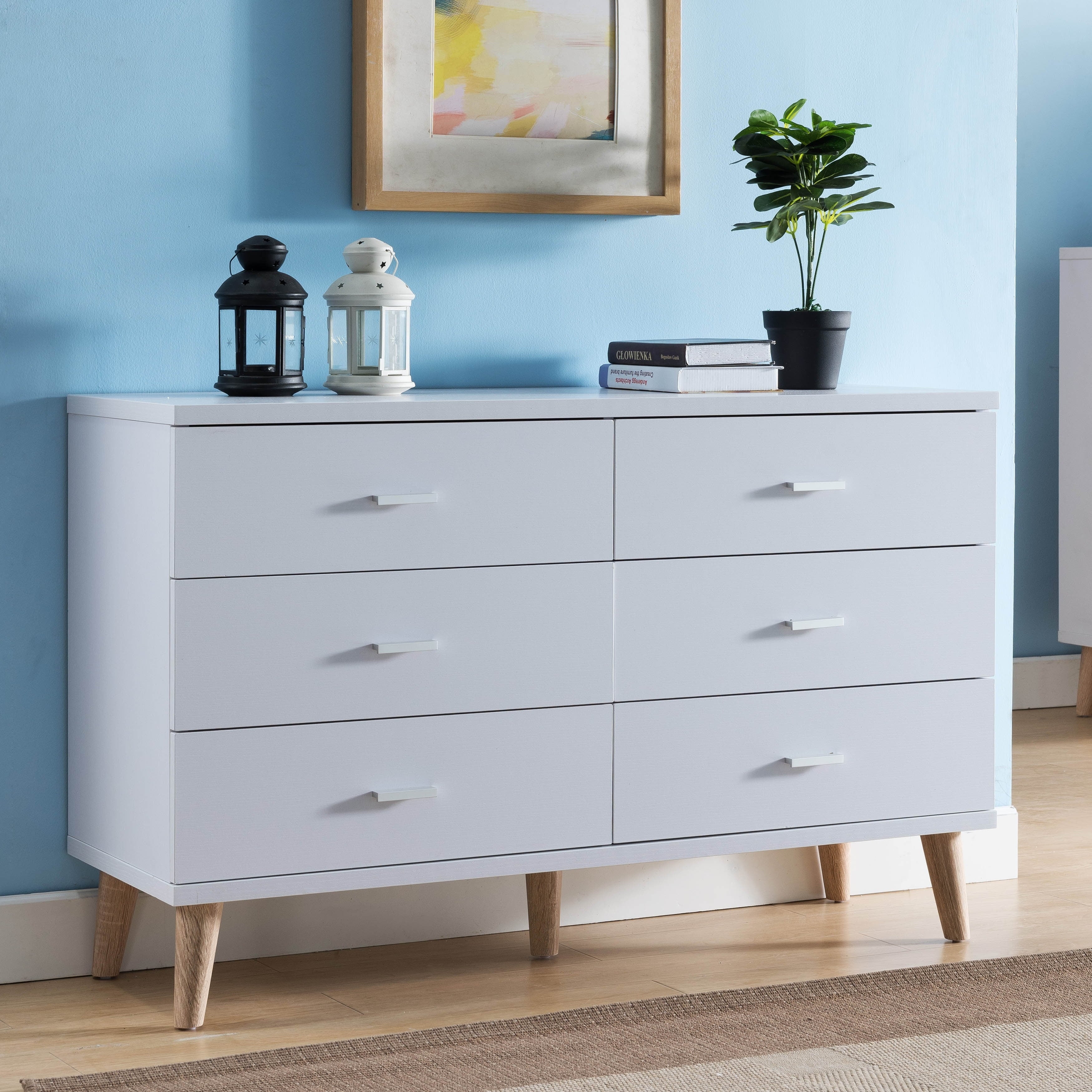Bar by Dresser Pulls Wide Denhour White DH Modern 47-inch with BASIC 6-Drawer Mid-Century