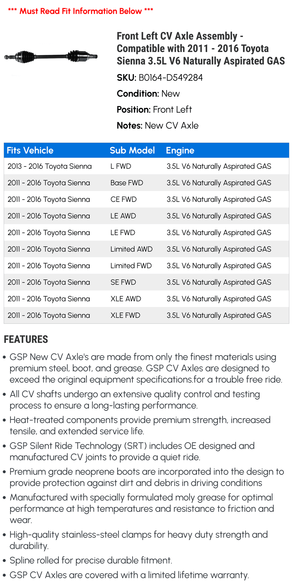 Aspirated with Toyota Axle 2011 CV GAS - 2012 2014 2015 Sienna V6 Left 3.5L Compatible - Naturally 2016 Assembly Front 2013