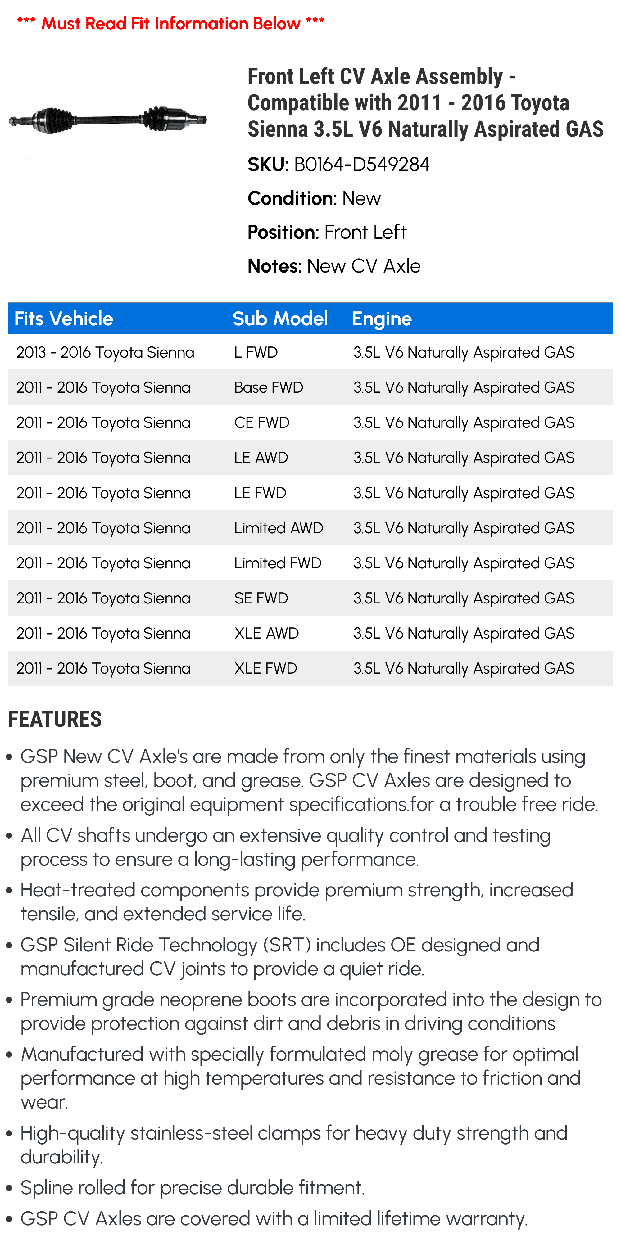 Aspirated with Toyota Axle 2011 CV GAS - 2012 2014 2015 Sienna V6 Left 3.5L Compatible - Naturally 2016 Assembly Front 2013