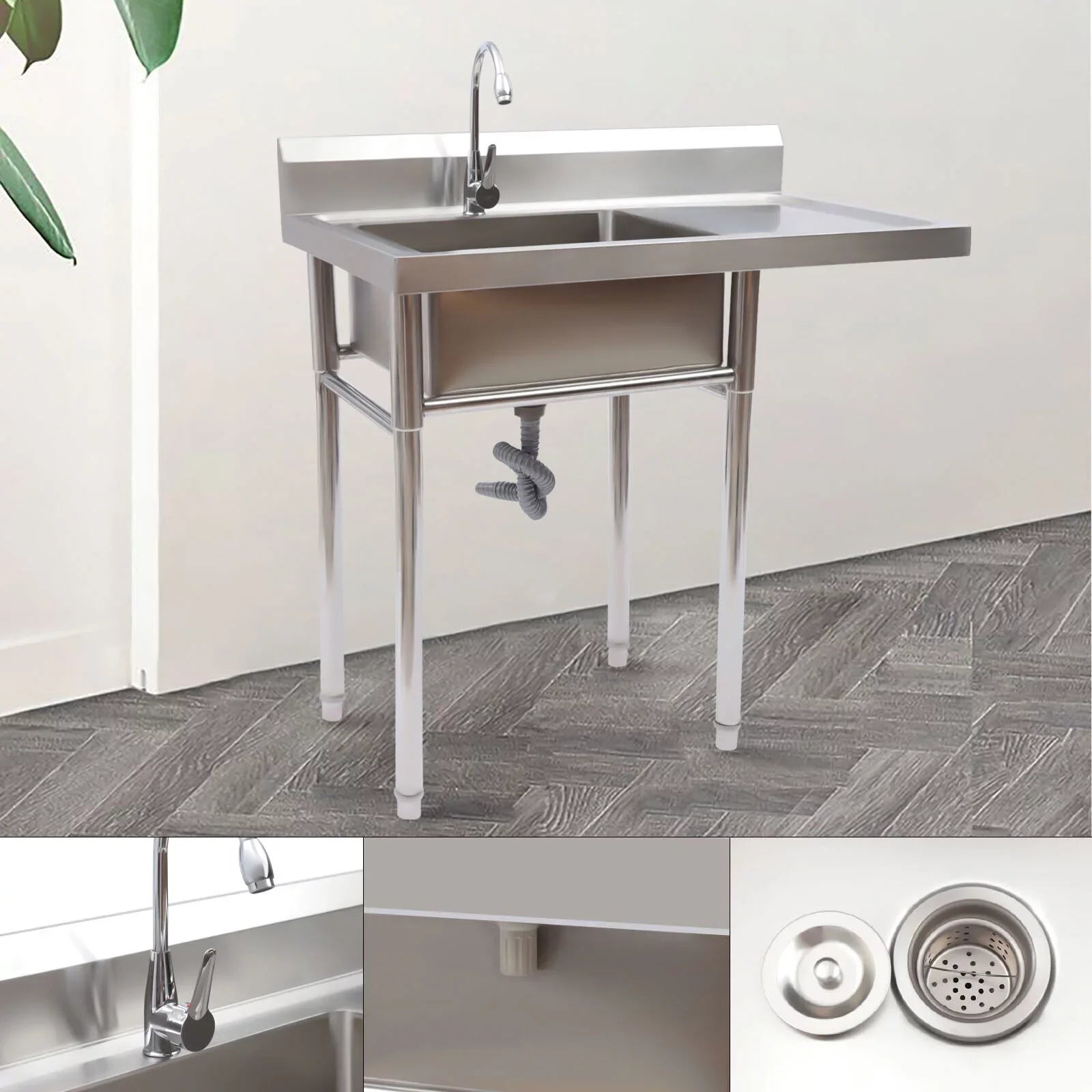 Sink 23.6* Kitchen Stainless Home and Commercial Utility Use Sink Steel 39.3* Drainboard 36.7in for