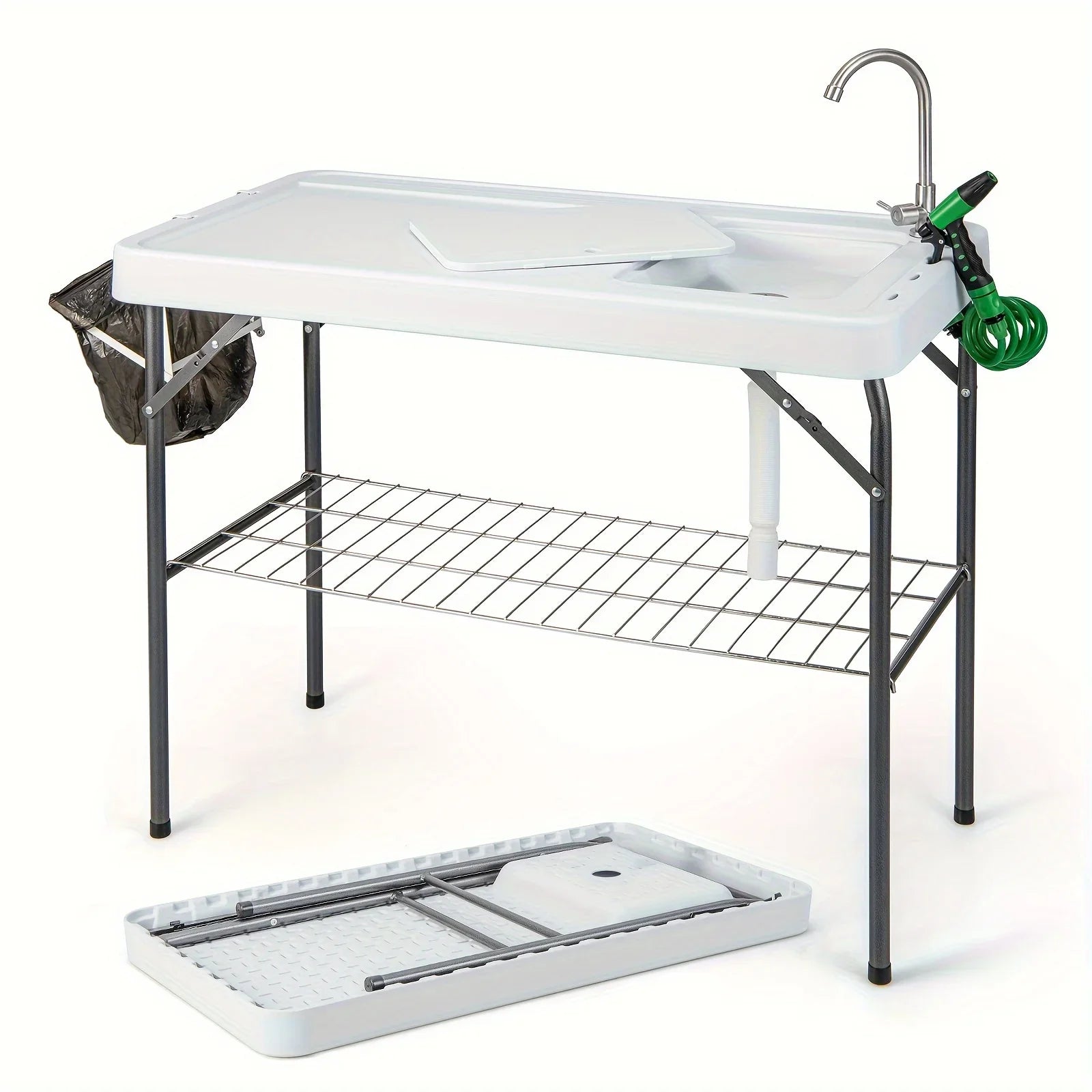 Table, W/ Folding Camping Cleaning Table Portable Rack Hose Fish Grid Faucet