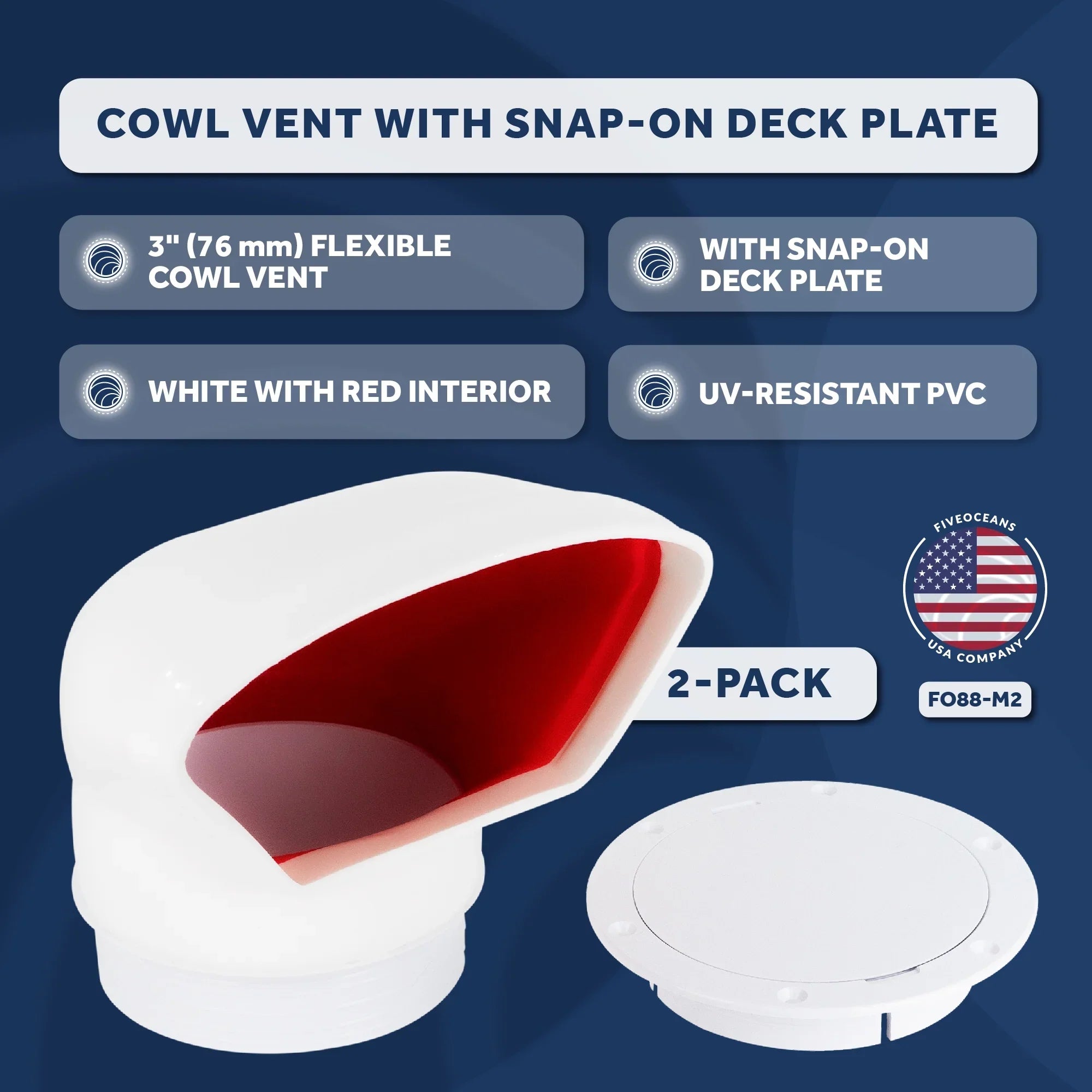 Cabin Profile Cowl Snap-On - Interior, UV-Resistant Vent Intake Pack Deck and 2 FO88-M2 Low Plate or PVC, Red 3-Inch Flexible Oceans Ventilation Five and for Cover, Air with