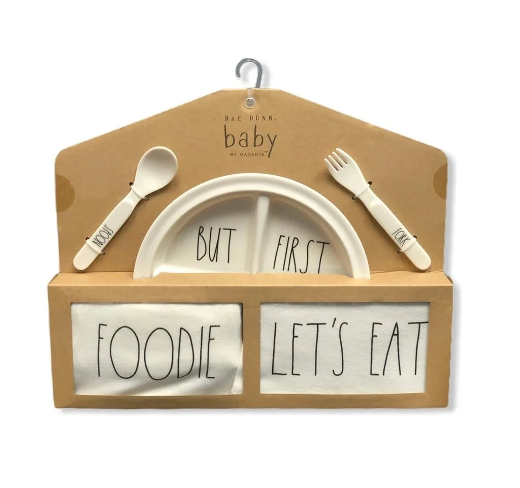 5 Rae Foodie Bodysuit Months) Bib (0-3 Utensils Set: Piece Baby Gift Dunn Plate