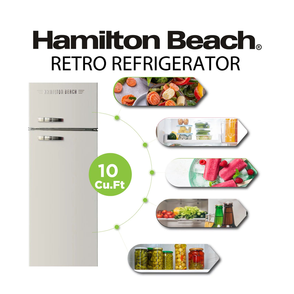 Thermostat Free, Cu 10 Adjustable Cream, Beach 5 Control 2 Door HCFC Shelves, Hamilton Door Ft HBF1050, Retro Refrigerator,