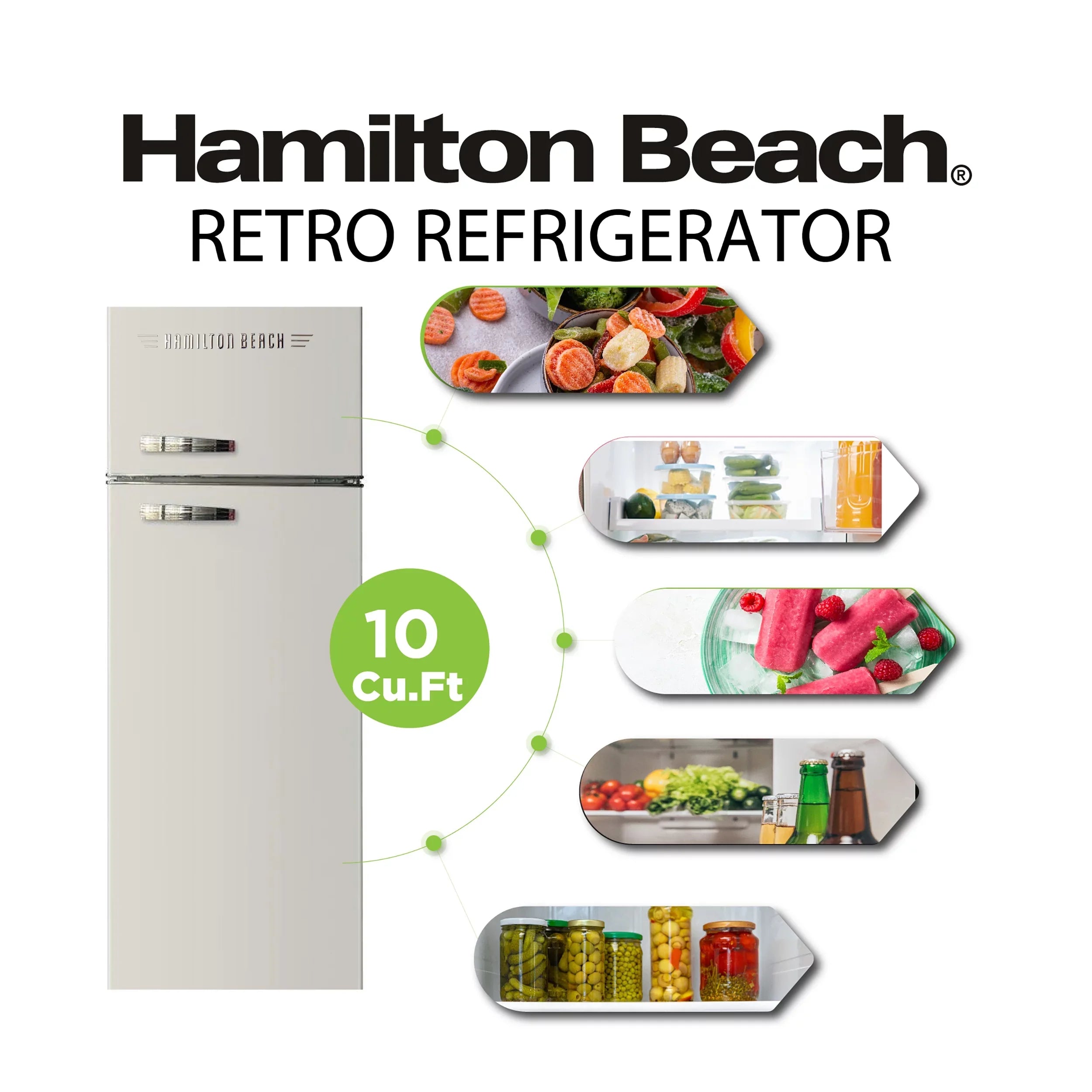 Thermostat Free, Cu 10 Adjustable Cream, Beach 5 Control 2 Door HCFC Shelves, Hamilton Door Ft HBF1050, Retro Refrigerator,