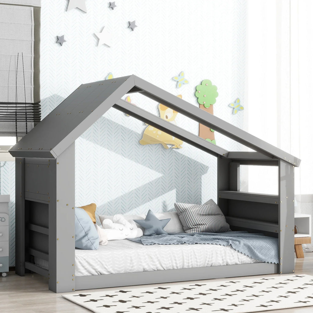 Light,Gray Window, with Twin LED House Bed Roof Floor