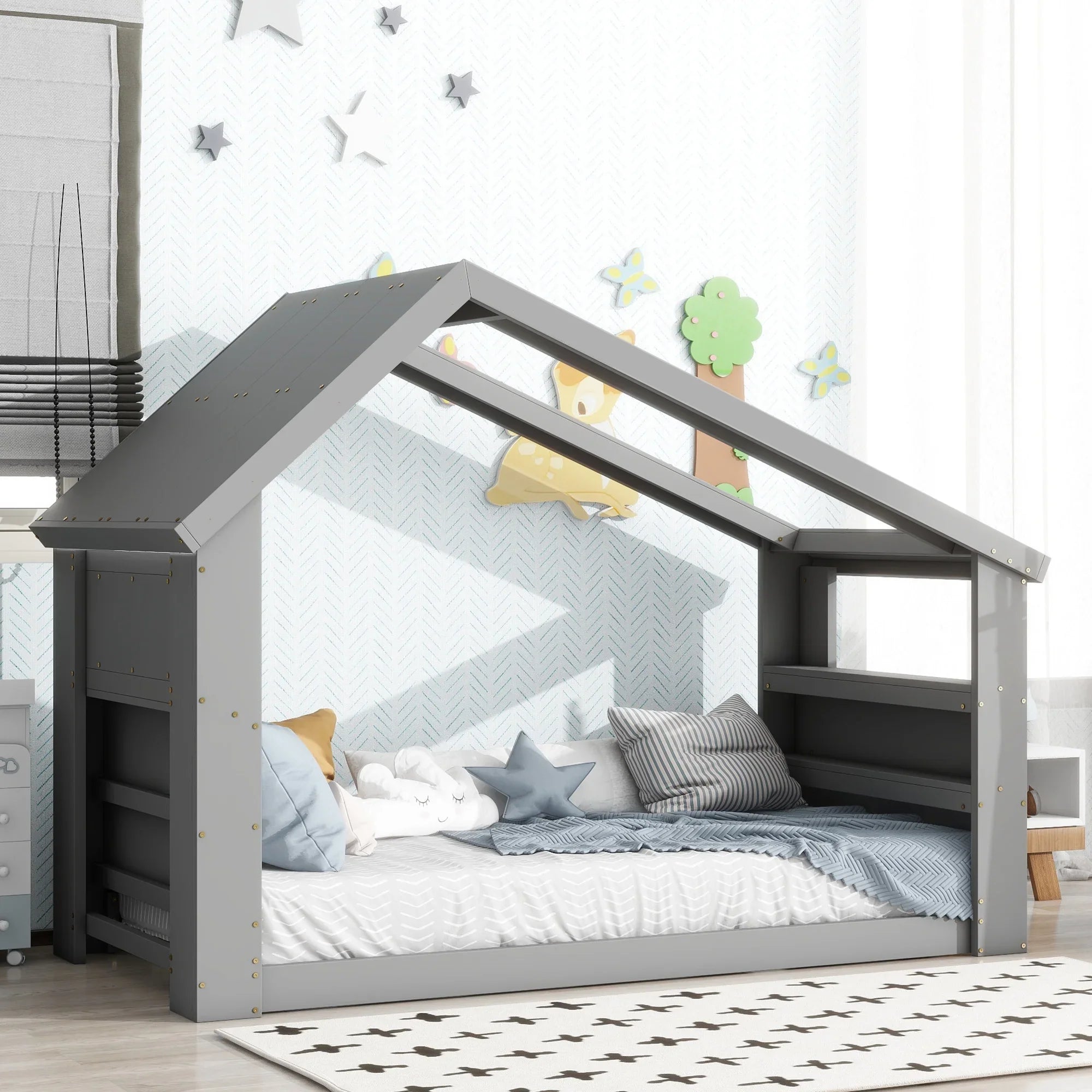 Light,Gray Window, with Twin LED House Bed Roof Floor