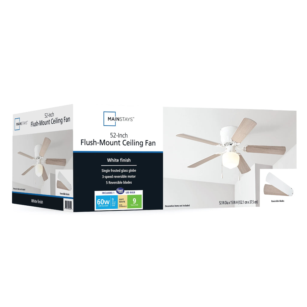 Indoor White, Kit, Hugger Ceiling Mainstays 52 5 Reverse Airflow Light Fan inch with Blades,
