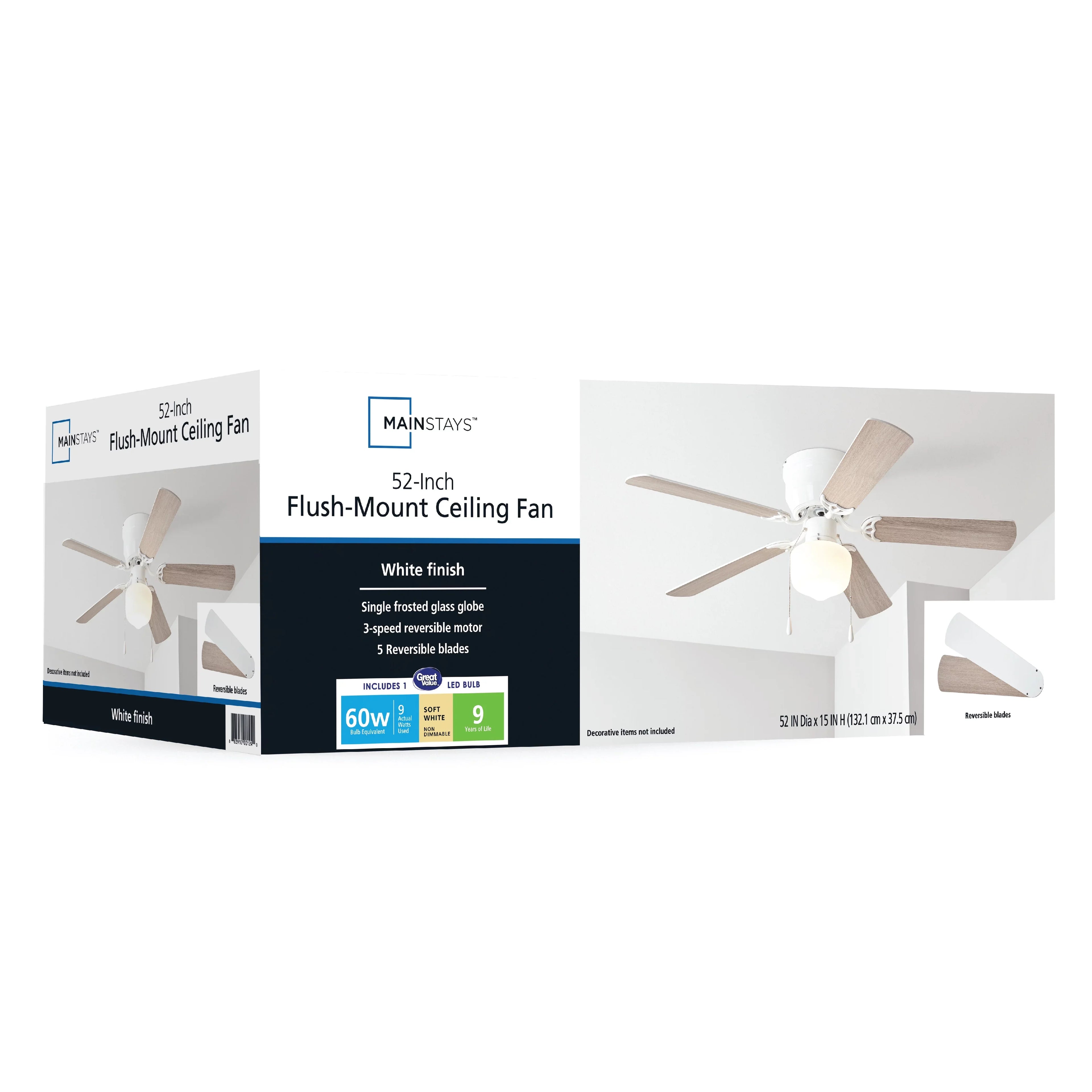 Indoor White, Kit, Hugger Ceiling Mainstays 52 5 Reverse Airflow Light Fan inch with Blades,
