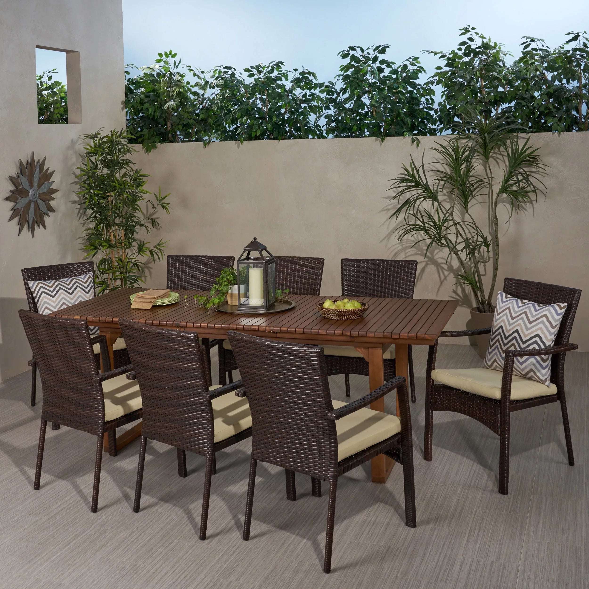 Expandable Maxwell Outdoor 8 Wood and Brown, Set, Cream Dining Seater Wicker