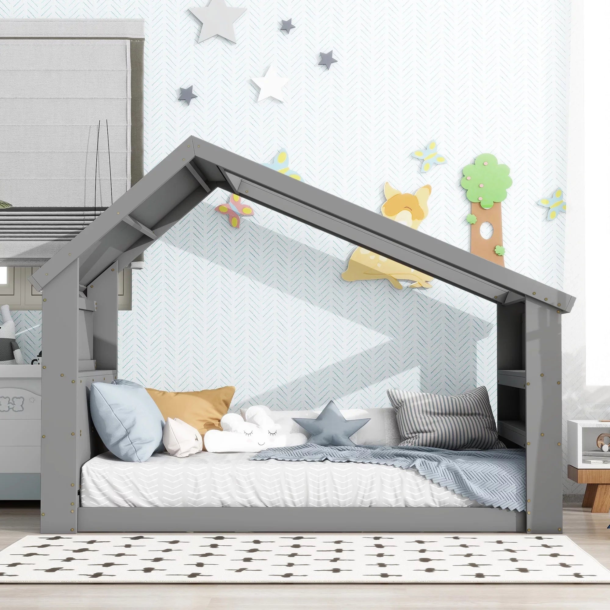 Light,Gray Window, with Twin LED House Bed Roof Floor