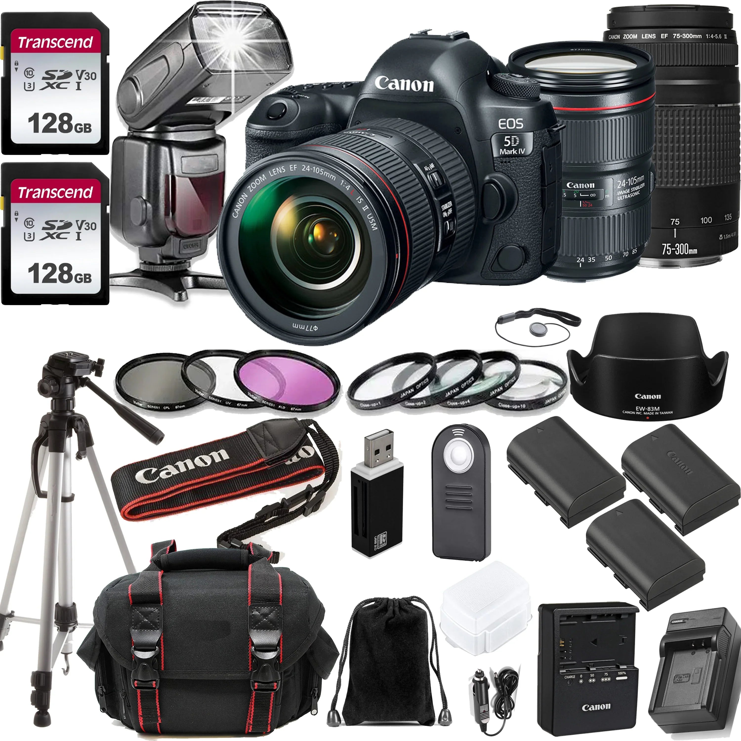 Zoom Lens Kit Memory + F/4 f/4-5.6 Camera 128GB Mark Transcend 75-300mm Canon Cards is Professional 2pc EF + III 5D w/EF IV II USM EOS L + DSLR Canon 24-105MM Lens