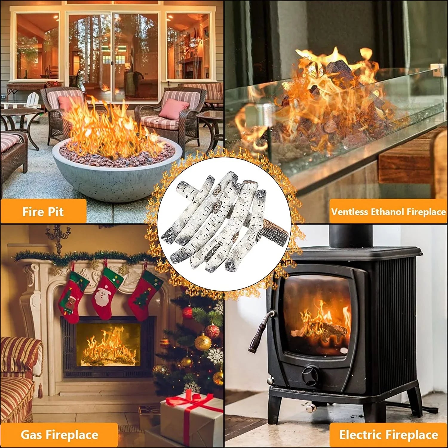 Vented, Inserts, Indoor Gas Decor Gas Gel, Fireplace, White Gas Logs, or Ceramic Pcs Logs Ethanol, 6 Fireplaces, Outdoor Indoor Electric Fireplace Fireplace Hisencn Birch for Propane, Gas
