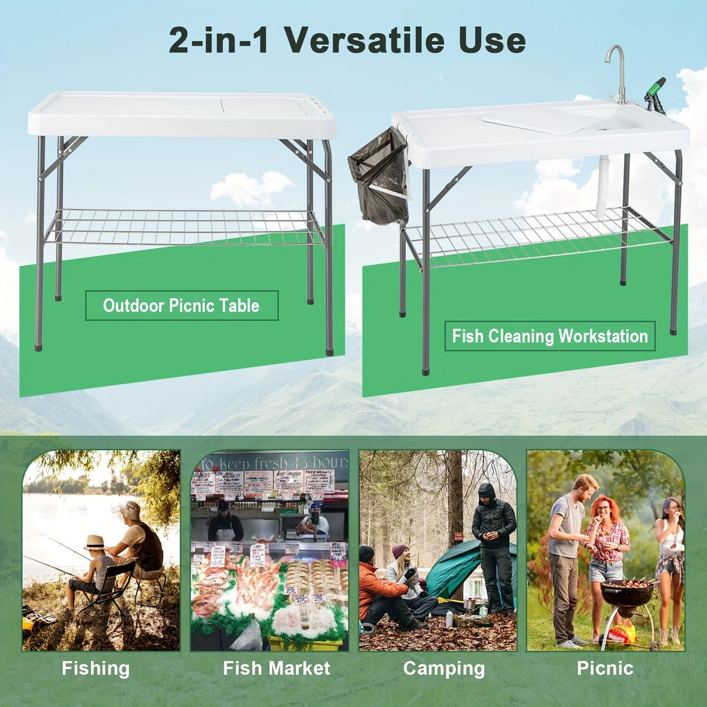 Table, W/ Folding Camping Cleaning Table Portable Rack Hose Fish Grid Faucet