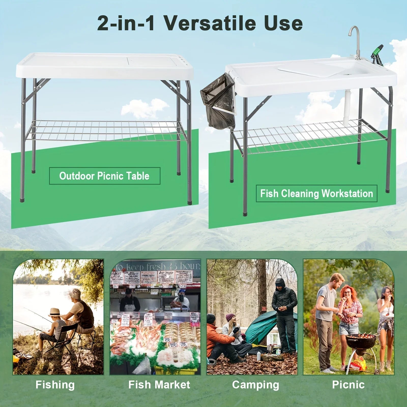 Table, W/ Folding Camping Cleaning Table Portable Rack Hose Fish Grid Faucet