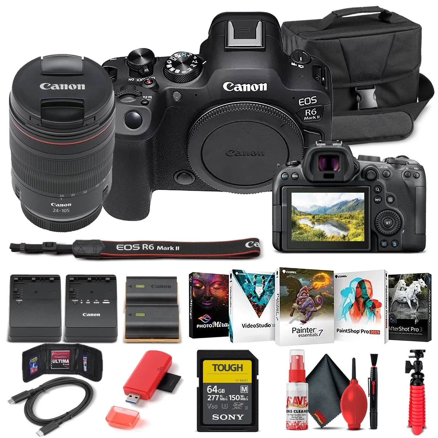 Canon Charger EOS (5666C011) II Camera + + + Photo External Mirrorless More 64GB Card Memory Case 24-105mm Reader with Mark Battery R6 LPE6 Software + Card + Lens Corel f/4 + +