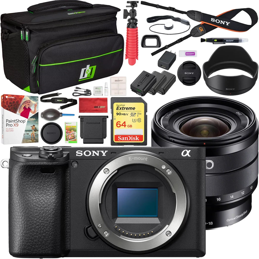 64GB Pro ILCE-6400 Paintshop APS-C 2018 E-Mount Lens, Bundle Mirrorless Card, Wide-Angle Camera and a6400 Interchangeable-Lens Camera f/4 Camera Zoom Memory 10-18mm Body Bag, with Battery Sony