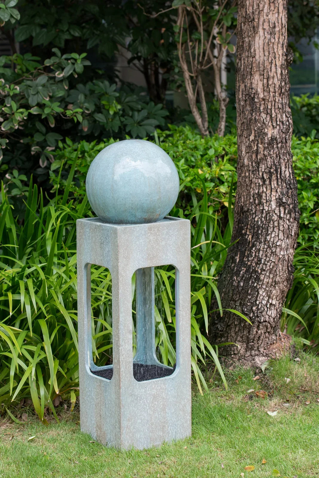 Homiyad with Fountain, Water Water Feature Blue Contemporary Tall Raindrop & Lawn, Light Deck Cement/Concrete Patio Outdoor Sphere Antique Fountain, for Outdoor 13X13X44" Garden,