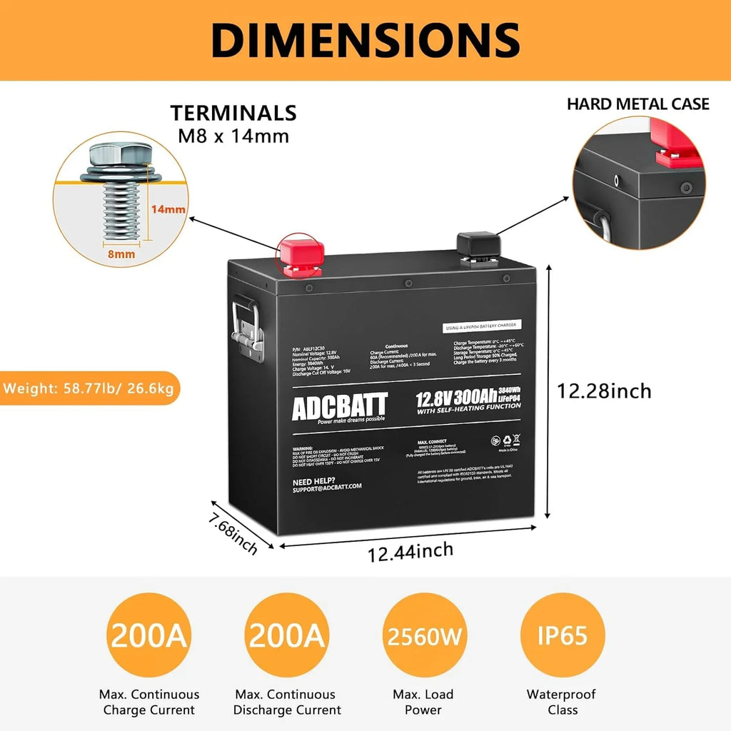 LiFePO4 12V for Self Metal Motor, off-Grid Case Adcbatt Battery Trolling RV, and 300Ah with Heating