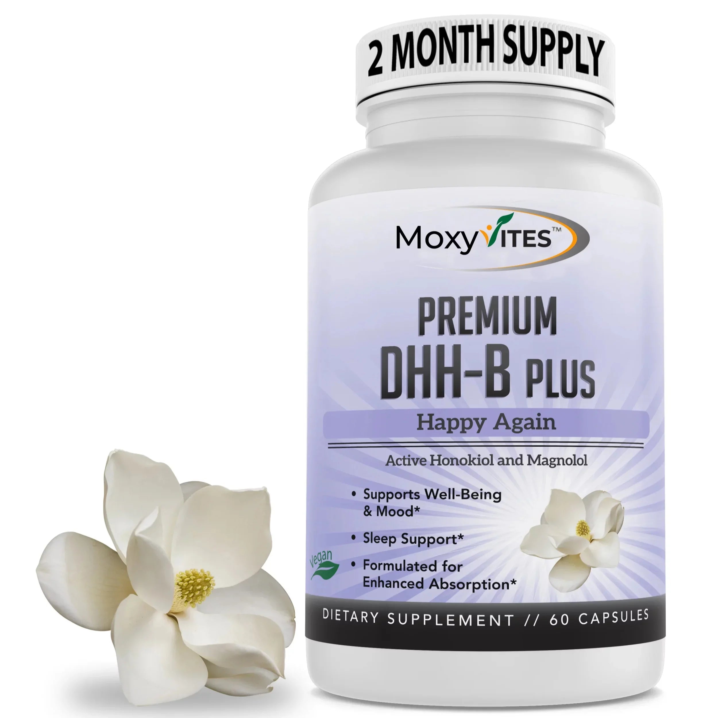 Anxiety, Vegan Supplement, Sleep 60 Calm Caps Mood Dihydrohonokiol-B, MoxyVites for DHH-B
