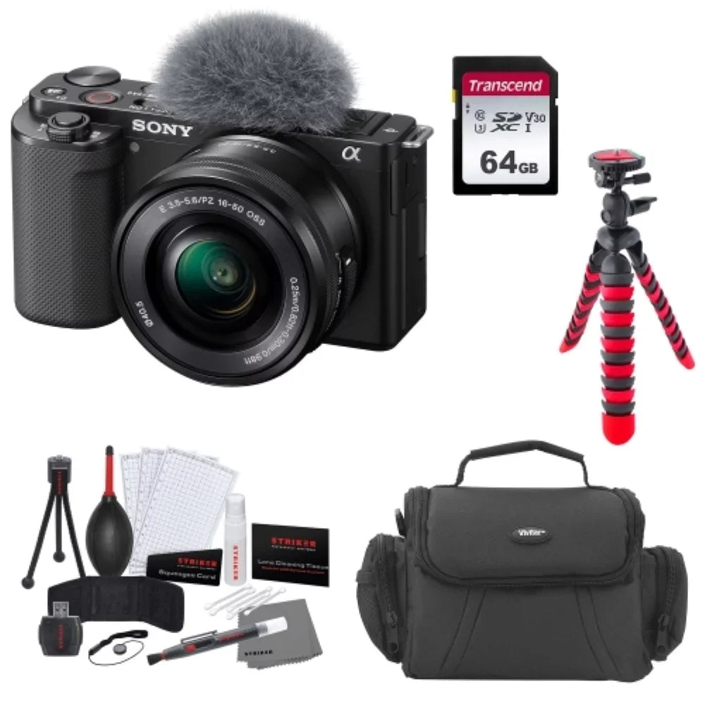 Transcend |16-50mm Camera Card + ZV-E10 Bag Memory (Black) Sony Cleaning + with Flexible Lens (5 Items) Camera Mirrorless Tripod Kit 64GB Bundle +