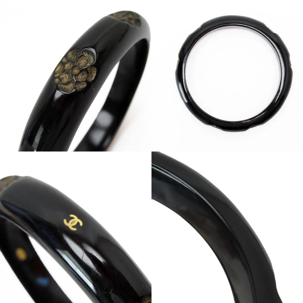 Women's Black/Beige Coco Wood Camellia Bracelet Pre-Owned Mark CHANEL Bangle (Good)