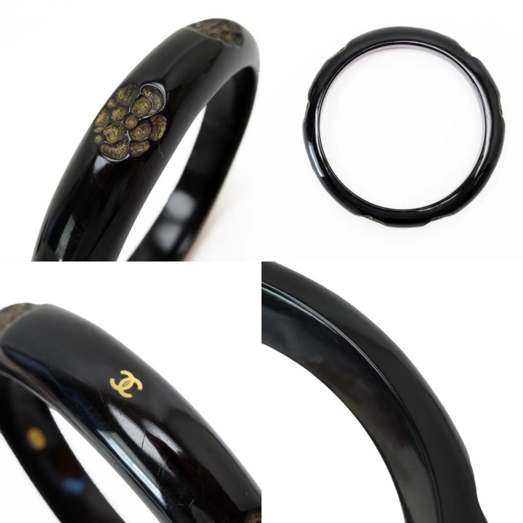 Women's Black/Beige Coco Wood Camellia Bracelet Pre-Owned Mark CHANEL Bangle (Good)