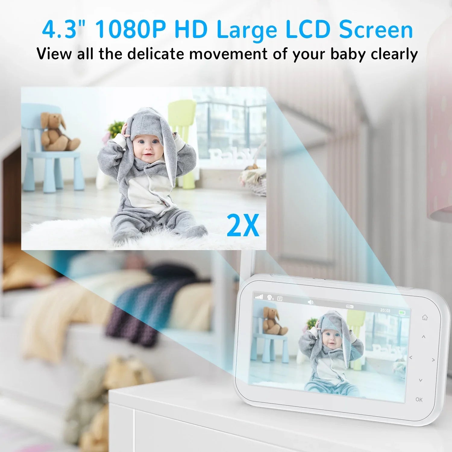 Camera Auto Night & Vision,Tem-Sensor, Monitor Talk, Pan&Tilt&Zoom, with Baby Wifi Febfoxs No 1080P Two-Way 4.3" LCD Audio, Screen