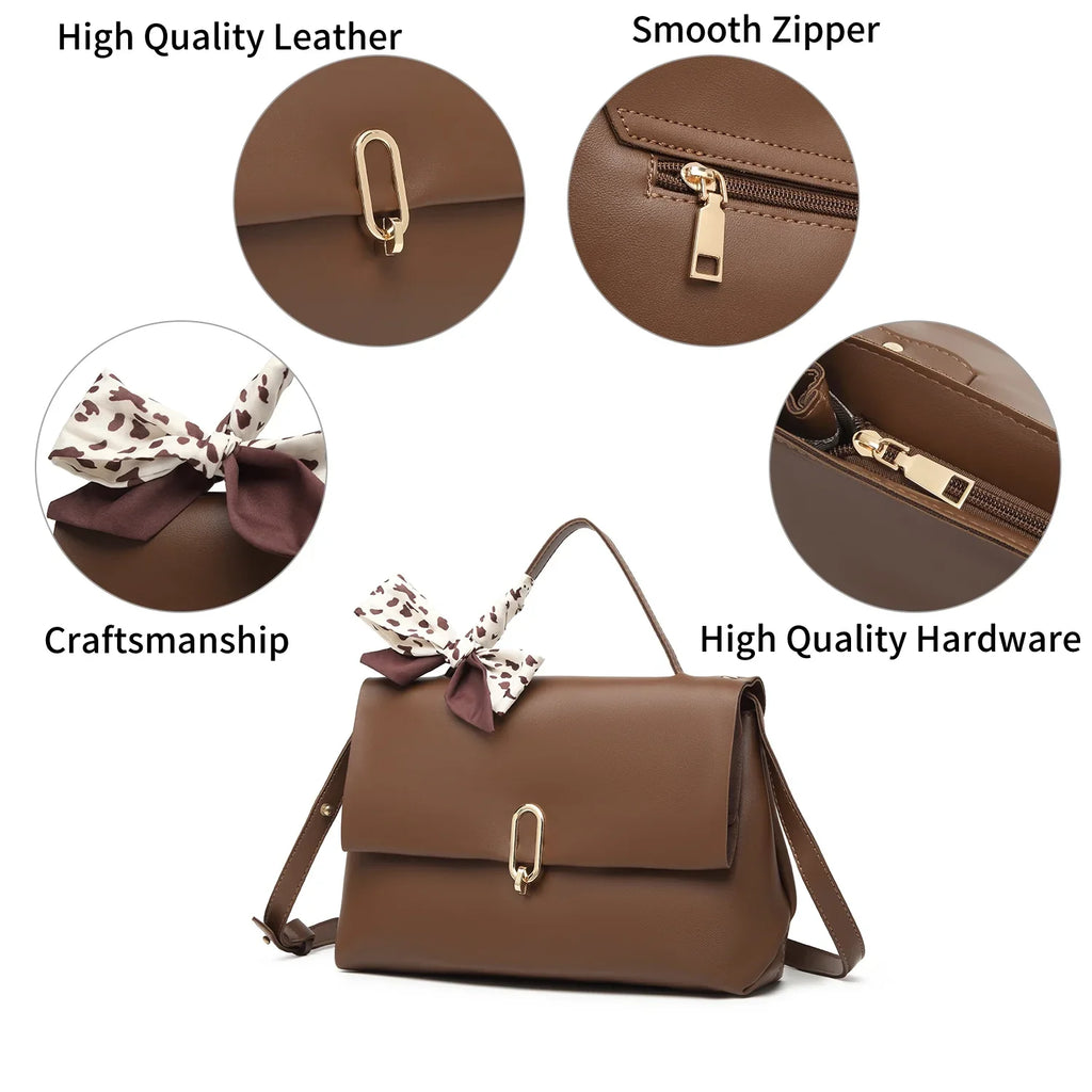 Shoulder Bag Leather bag hand Silk square Handle ladies crossbody Flap bags PU Brown handbags bags Women's Scarf women