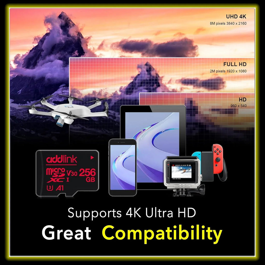 Compatible Camera, 256GB Go U4 V30, Tablets, Cam addlink Adapter 2-Pack + for Android Smartphones, Dash roSDXC UHS-1