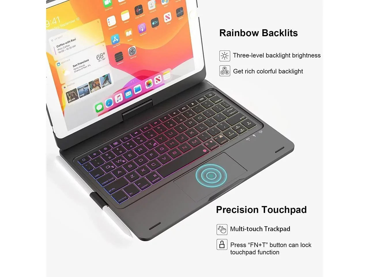 2019 Keyboard for 2021/ Pro 10.2 10.5, Touchpad case Gen Gen inch Backlit Pencil iPad with 7th Rotatable / 3 8th Air 2020/ Keyboard 9th Gen Holder and iPad