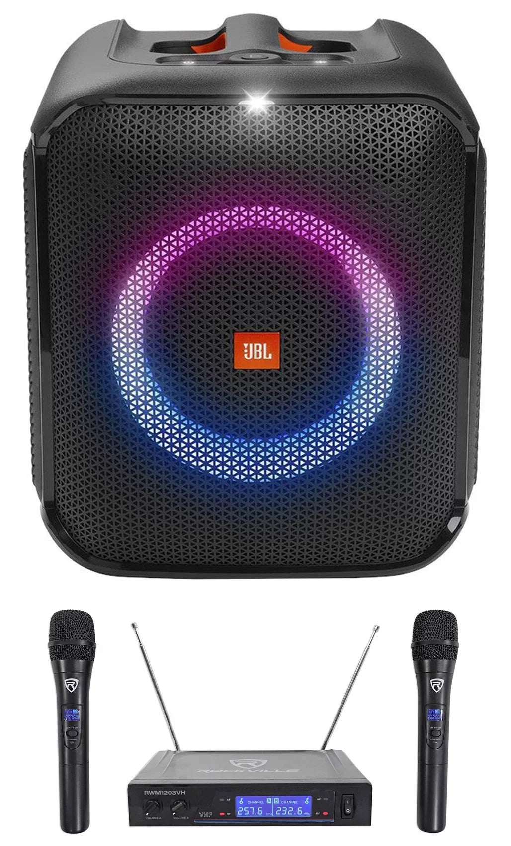 Portable LED+Wireless Party Speaker w Mics Compact JBL Partybox Encore Essential