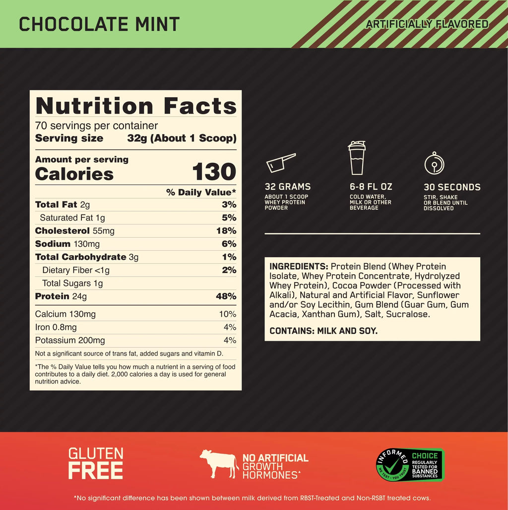 Protein Powder, 100% Nutrition, 4.94 Whey Standard Mint, Servings lb, Gold 70 Optimum Chocolate