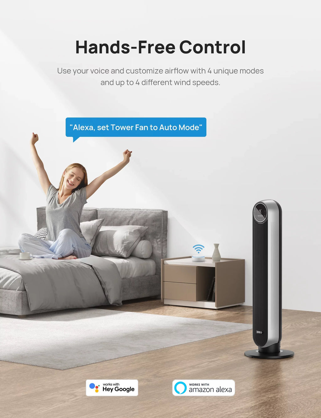 Standing with Oscillating with Fan Remote for Fan Floor Quiet Alexa/Google WiFi Bladeless 8H Fans, Works Voice Modes, Tower Smart Timer, Dreo Control, Bedroom, 4 4 Speeds, and