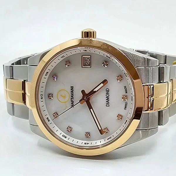 Face Gold -100M - Lady Swiss Waterproof Marble Stainless Haftavani With Steel Watch – Bicolour Diamond Quartz Made Silver-Rose Queen Diamonds - Genuine