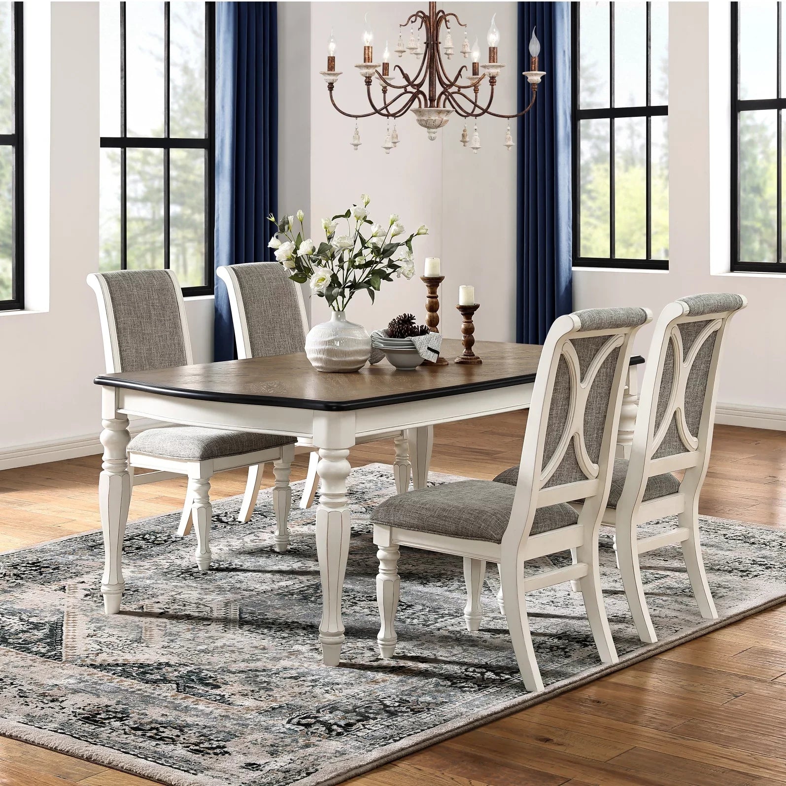 Country White Weathered Oak Belleza Finish French Set Furniture Roundhill and Antique Dining 5-Piece in
