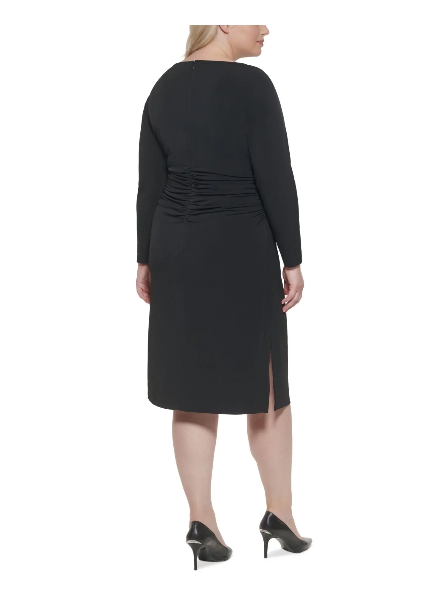 Plus Round Midi Dress Zippered To Ruched CALVIN Wear Stretch Long Womens Work Sleeve Sheath Neck 16W Black KLEIN